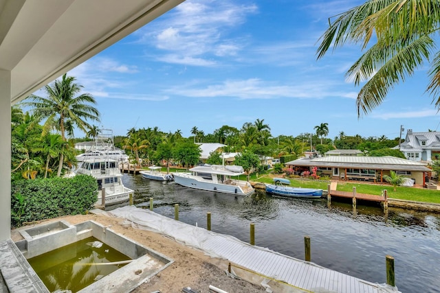 view of dock with a water view