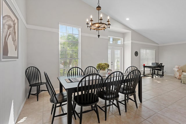 dining room featuring an inviting chandelier, light tile patterned flooring, high vaulted ceiling, crown molding, and baseboards