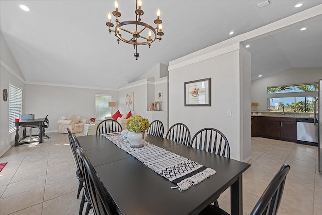 dining room with a healthy amount of sunlight, light tile patterned floors, a notable chandelier, and lofted ceiling
