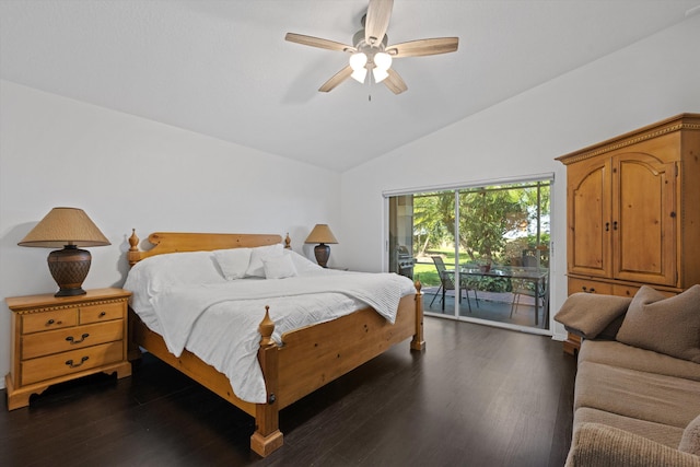 bedroom featuring a ceiling fan, access to outside, dark wood-style flooring, and high vaulted ceiling