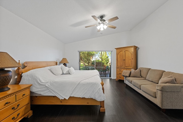 bedroom featuring lofted ceiling, ceiling fan, access to outside, and dark wood finished floors