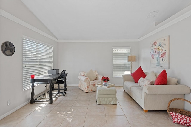 living area featuring light tile patterned floors, crown molding, visible vents, baseboards, and vaulted ceiling
