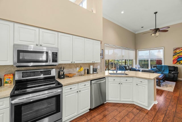 2476 NW 67th St, Boca Raton, FL 33496 - kitchen with ceiling fan, a peninsula, appliances with stainless steel finishes, a sink, and open floor plan