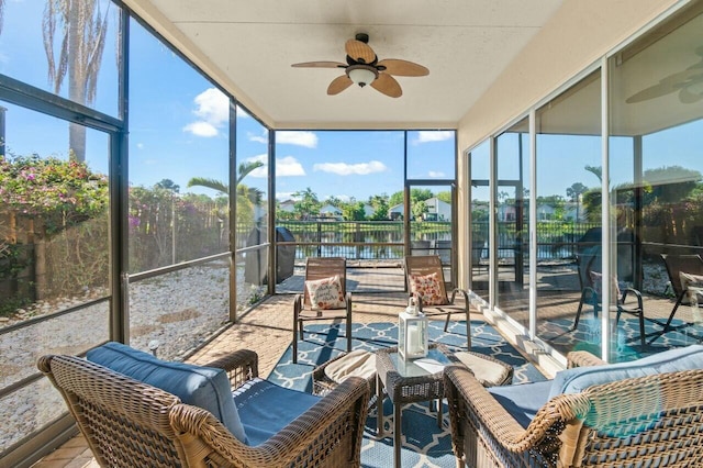 2476 NW 67th St, Boca Raton, FL 33496 - sunroom featuring a water view, outdoor lounge area, ceiling fan, and a wealth of natural light