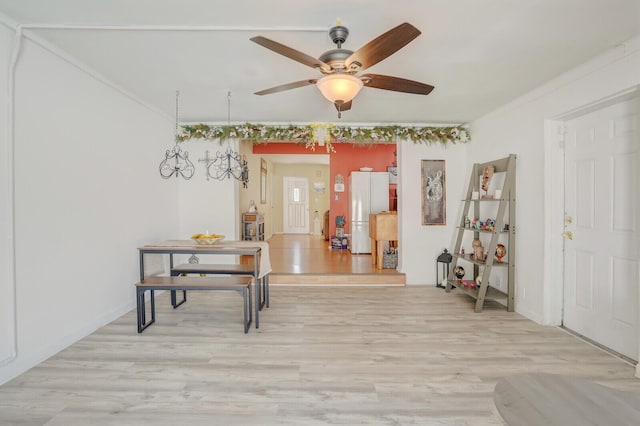 dining area featuring ceiling fan and light wood-style floors