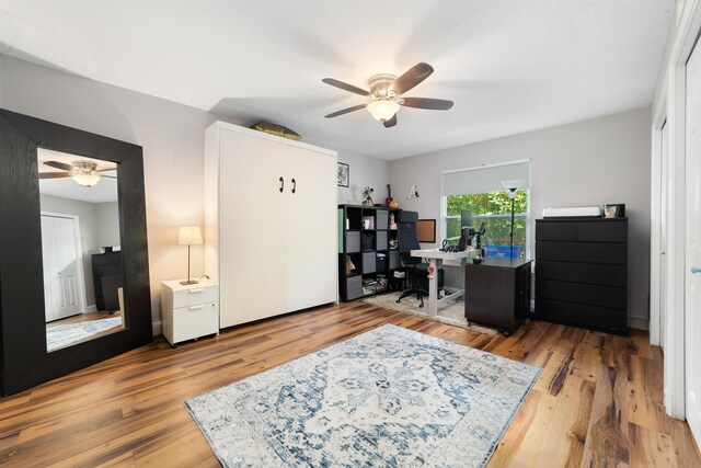 office space with a ceiling fan and light wood finished floors