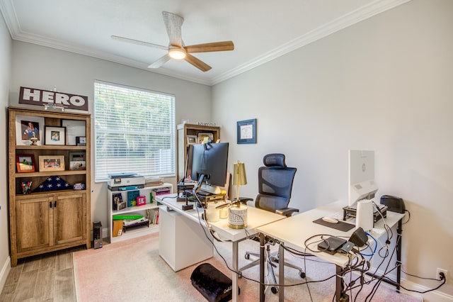 2806 SW Newberry Ct, Palm City, FL 34990 - office space with light wood-style flooring, crown molding, baseboards, and a ceiling fan