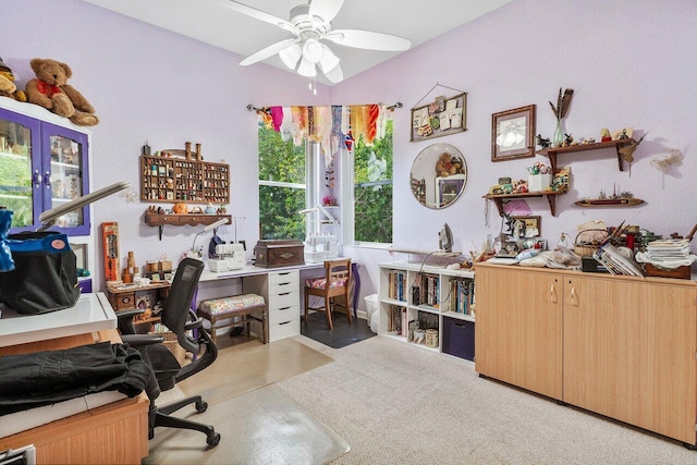 office area with french doors and ceiling fan