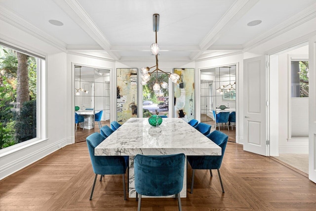 5 Osprey Ct, Ocean Ridge, FL 33435 - dining space featuring a chandelier, ornamental molding, beamed ceiling, baseboards, and coffered ceiling