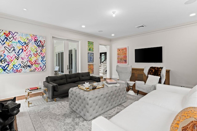 5 Osprey Ct, Ocean Ridge, FL 33435 - living room featuring crown molding, baseboards, recessed lighting, stairs, and wood finished floors