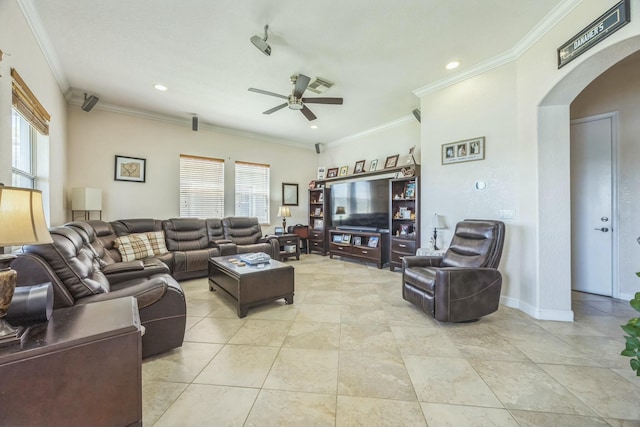 694 Cresta Cir, West Palm Beach, FL 33413 - living area featuring arched walkways, visible vents, a ceiling fan, ornamental molding, and light tile patterned floors