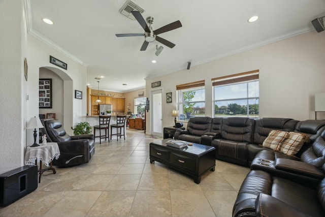 694 Cresta Cir, West Palm Beach, FL 33413 - living room featuring arched walkways, visible vents, recessed lighting, ceiling fan, and ornamental molding
