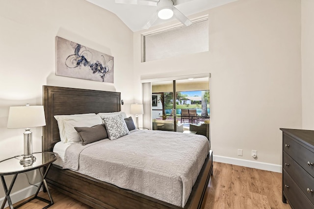 6125 Winding Brook Way, Delray Beach, FL 33484 - bedroom with access to outside, baseboards, wood finished floors, vaulted ceiling, and ceiling fan
