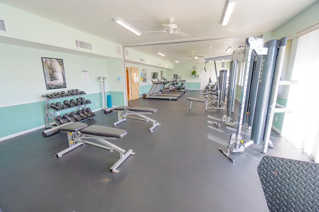 workout area featuring visible vents, a ceiling fan, and baseboards