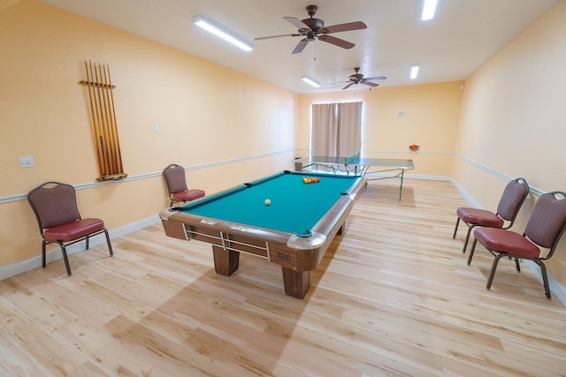 recreation room with billiards, ceiling fan, and wood finished floors