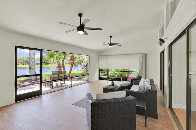sunroom with a water view