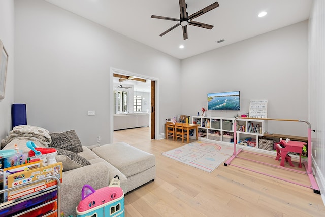 game room with recessed lighting, visible vents, a ceiling fan, and wood finished floors