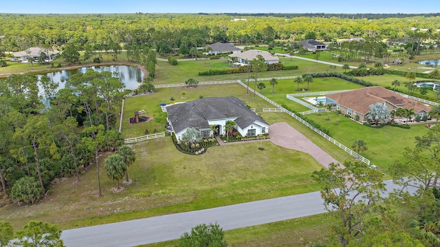 bird's eye view featuring a view of trees and a water view