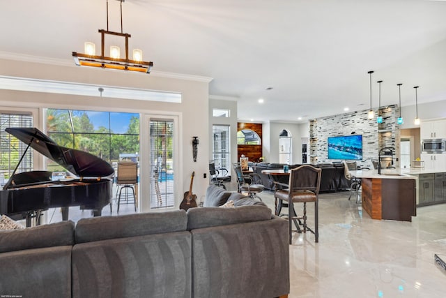 19361 W Sycamore Dr, The Acreage, FL 33470 - living area with ornamental molding, recessed lighting, and marble finish floor