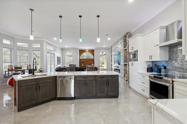 19361 W Sycamore Dr, The Acreage, FL 33470 - kitchen with a sink, appliances with stainless steel finishes, wall chimney exhaust hood, and crown molding