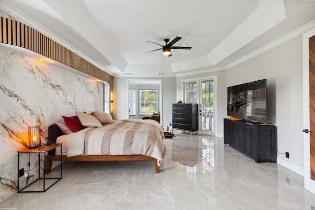 19361 W Sycamore Dr, The Acreage, FL 33470 - bedroom featuring baseboards, a raised ceiling, a ceiling fan, access to exterior, and marble finish floor