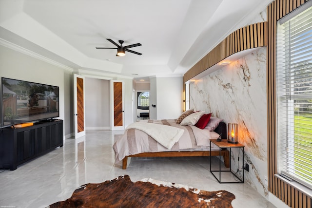 19361 W Sycamore Dr, The Acreage, FL 33470 - bedroom with crown molding, a tray ceiling, and a ceiling fan