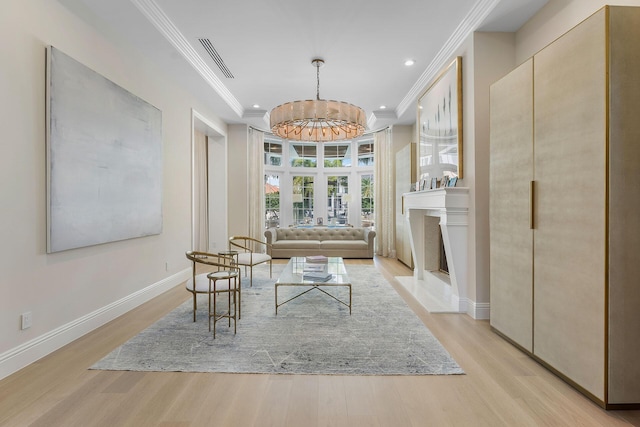 251 W Coconut Palm Rd, Boca Raton, FL 33432 - living area featuring crown molding, recessed lighting, a notable chandelier, and light wood finished floors