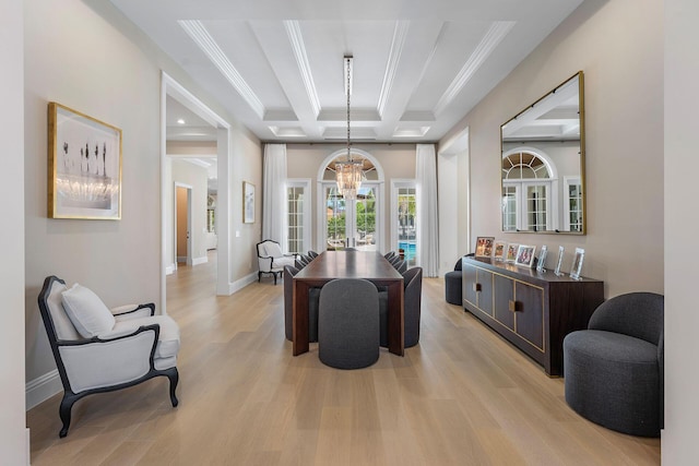 251 W Coconut Palm Rd, Boca Raton, FL 33432 - dining area with baseboards, beamed ceiling, a notable chandelier, light wood-style floors, and coffered ceiling