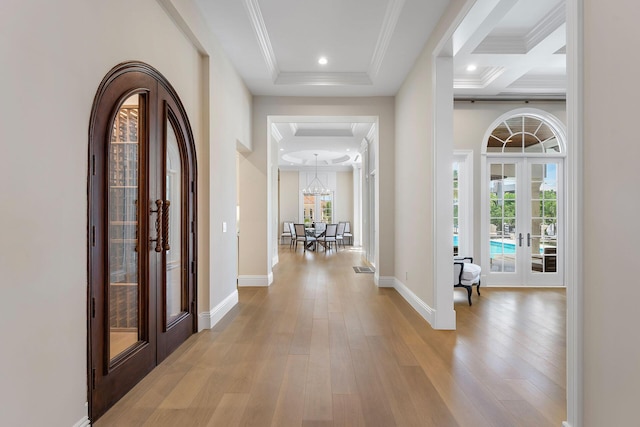 251 W Coconut Palm Rd, Boca Raton, FL 33432 - entrance foyer featuring ornamental molding, french doors, recessed lighting, and wood finished floors
