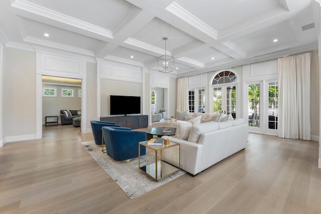 251 W Coconut Palm Rd, Boca Raton, FL 33432 - living room featuring coffered ceiling, light wood-type flooring, and beam ceiling