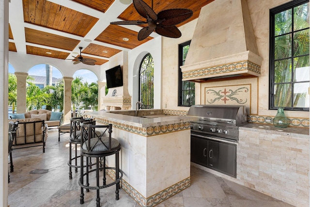251 W Coconut Palm Rd, Boca Raton, FL 33432 - view of patio / terrace featuring grilling area, a ceiling fan, exterior kitchen, an outdoor hangout area, and outdoor wet bar