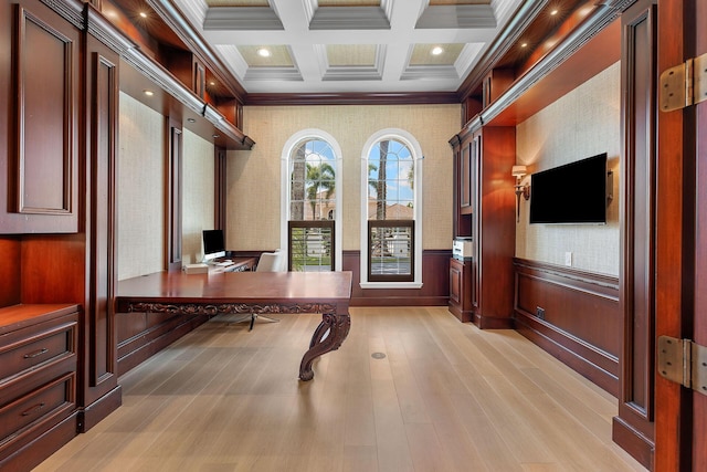 251 W Coconut Palm Rd, Boca Raton, FL 33432 - unfurnished office featuring crown molding, wainscoting, beamed ceiling, light wood-style floors, and coffered ceiling