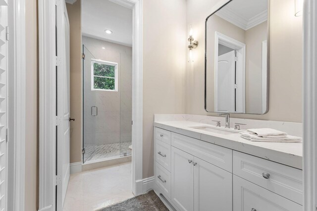 251 W Coconut Palm Rd, Boca Raton, FL 33432 - bathroom with crown molding, a stall shower, vanity, baseboards, and marble finish floor