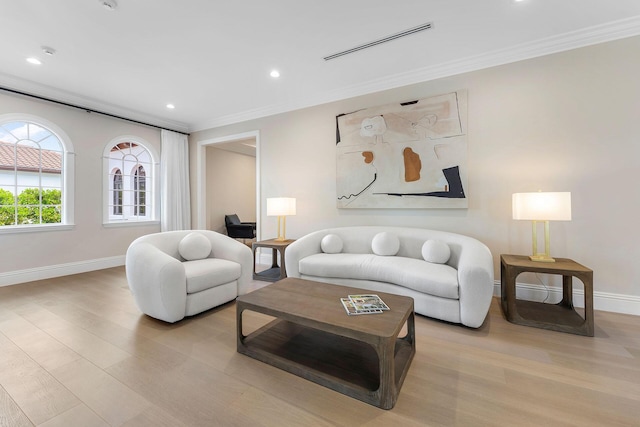 251 W Coconut Palm Rd, Boca Raton, FL 33432 - living room with crown molding, visible vents, baseboards, recessed lighting, and light wood-type flooring