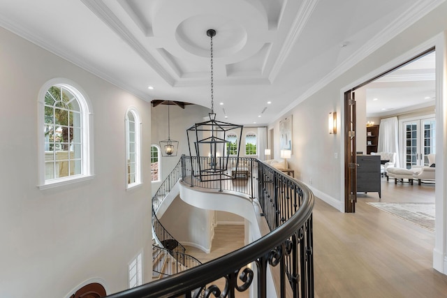 251 W Coconut Palm Rd, Boca Raton, FL 33432 - hallway featuring an upstairs landing, light wood-type flooring, a notable chandelier, ornamental molding, and recessed lighting