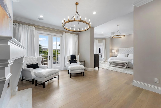 251 W Coconut Palm Rd, Boca Raton, FL 33432 - sitting room with crown molding, baseboards, french doors, and a chandelier