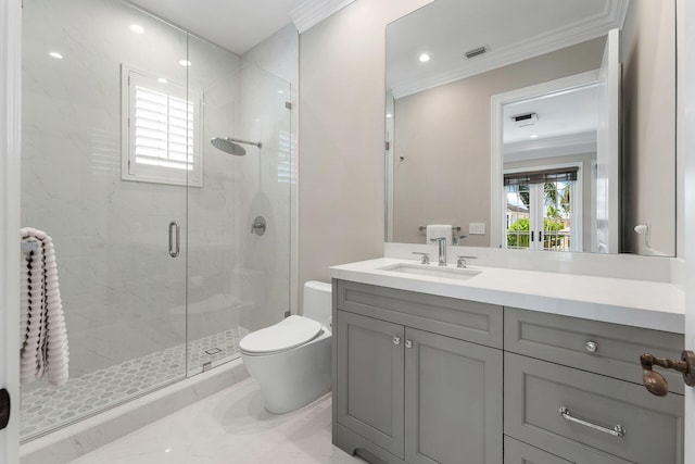 251 W Coconut Palm Rd, Boca Raton, FL 33432 - bathroom with vanity, ornamental molding, toilet, and a shower stall