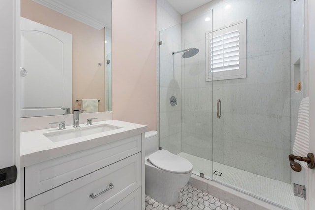 251 W Coconut Palm Rd, Boca Raton, FL 33432 - bathroom featuring vanity, ornamental molding, a stall shower, and toilet