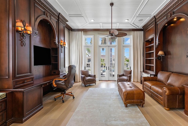 251 W Coconut Palm Rd, Boca Raton, FL 33432 - office area with french doors, a ceiling fan, built in shelves, light wood finished floors, and ornamental molding
