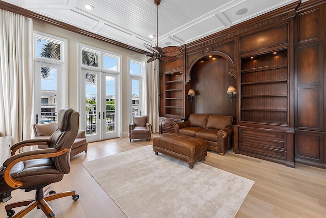 251 W Coconut Palm Rd, Boca Raton, FL 33432 - home office with light wood-style floors, recessed lighting, built in shelves, french doors, and coffered ceiling