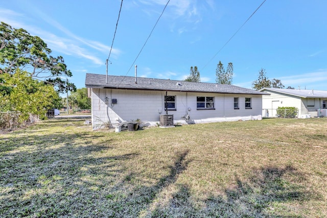 rear view of property with a yard, central air condition unit, and fence