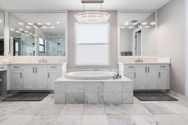 16202 Cabernet Dr, Delray Beach, FL 33446 - bathroom with a shower stall, a bath, a chandelier, two vanities, and visible vents
