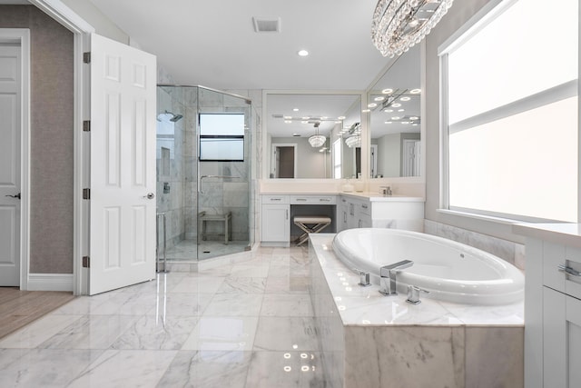16202 Cabernet Dr, Delray Beach, FL 33446 - full bathroom with a garden tub, a stall shower, vanity, visible vents, and recessed lighting