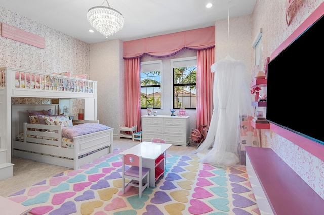 16202 Cabernet Dr, Delray Beach, FL 33446 - bedroom with wallpapered walls, recessed lighting, and a chandelier