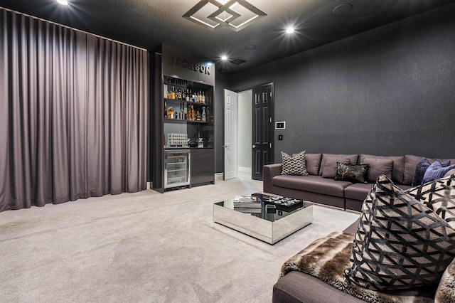 16202 Cabernet Dr, Delray Beach, FL 33446 - carpeted living room with a dry bar, recessed lighting, and wine cooler