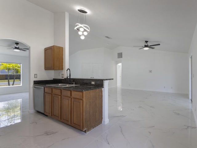 1201 SW Paar Dr, Port Saint Lucie, FL 34953 - kitchen featuring a sink, ceiling fan, brown cabinetry, and dishwasher