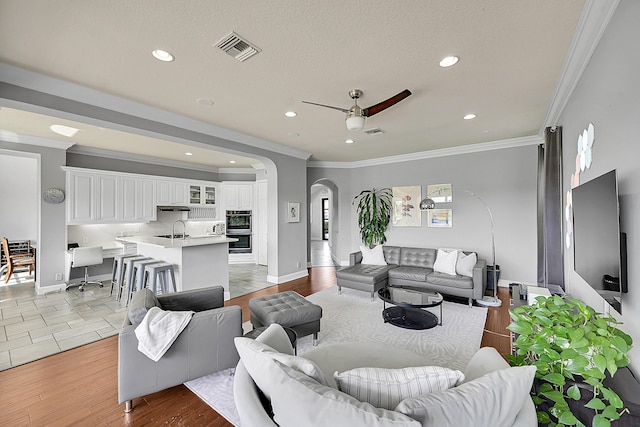 living room featuring a ceiling fan, visible vents, baseboards, and arched walkways