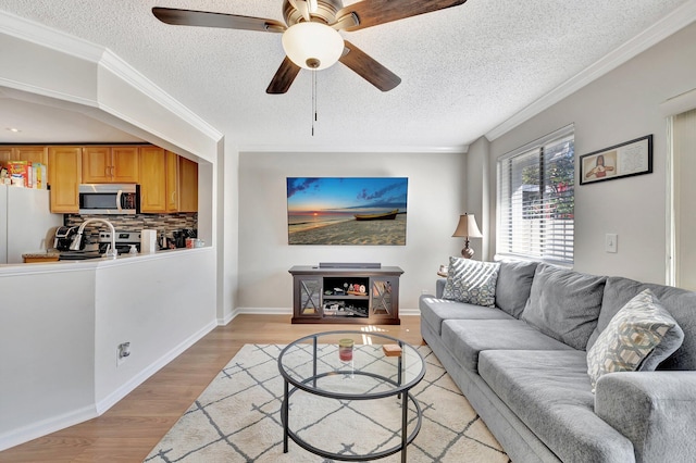 2190 Discovery Cir W, Deerfield Beach, FL 33442 - living room featuring light wood-style floors, a textured ceiling, ornamental molding, a ceiling fan, and baseboards