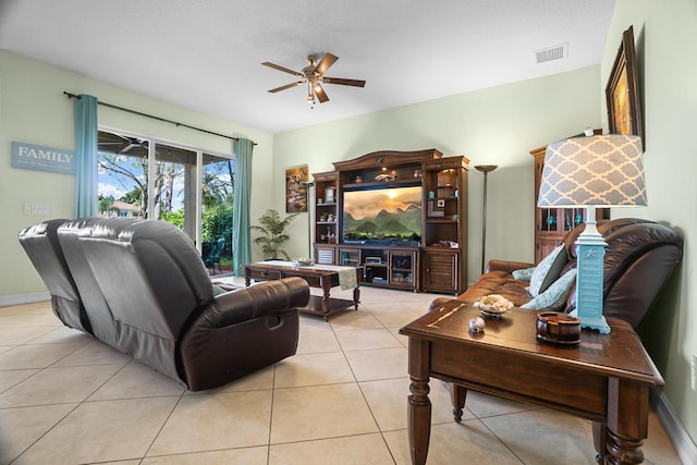 8207 Venosa Haven Ter, Boynton Beach, FL 33473 - living room featuring visible vents, a ceiling fan, and light tile patterned floors