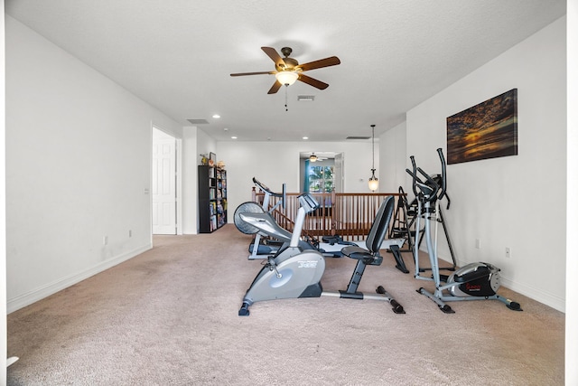 8207 Venosa Haven Ter, Boynton Beach, FL 33473 - workout area with a ceiling fan, baseboards, carpet flooring, visible vents, and recessed lighting